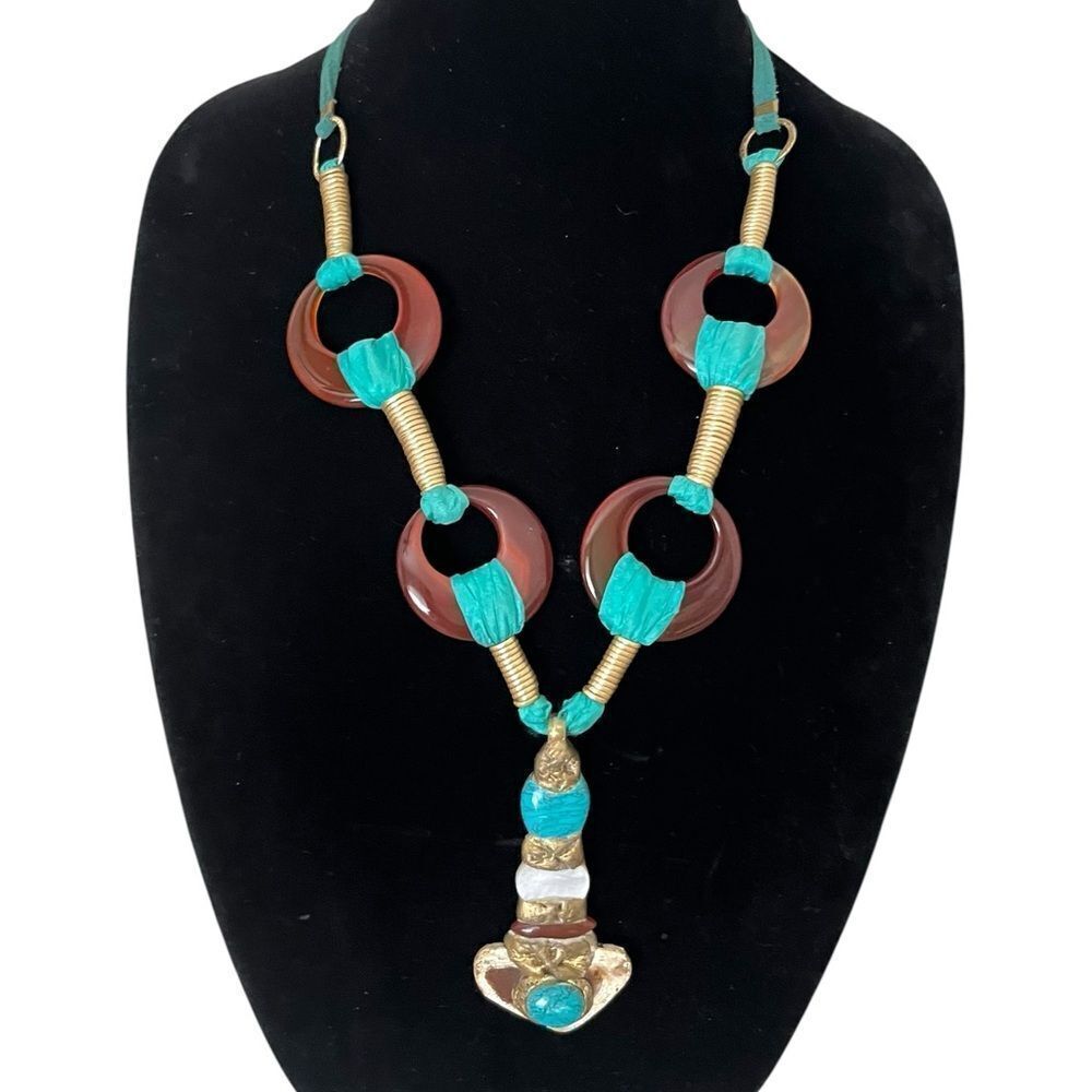 Artisan Made Southwestern Aztec Turquoise Cord Necklace